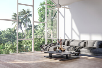 Modern contemporary living room with nature view background 3d render.The Rooms have wooden floors ,decorate with gray fabric sofa sunlight shine into the room