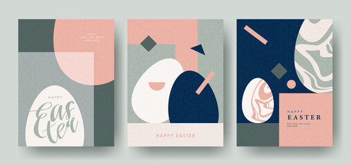 Wall Mural - Happy Easter set of cards, posters or covers in modern art style with geometric shapes and eggs. Trendy minimalistic elegant templates for advertising, branding, congratulations or invitations