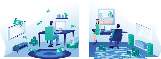 Work from home, office business web design vector illustration, man making money on pc, success remote work, software engineer