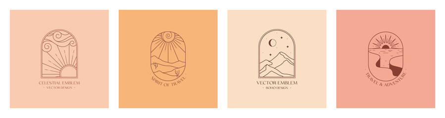 Wall Mural - vector boho emblems with abstract mountain landscapes.travel logos with mountains or desert dunes;sk