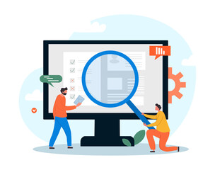 Poster - office workers with monitor. men with magnifying glass examine monitor. people working on improving 