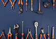 © Rawf8 - Work tool on blue background. Hand tool new set for repair and construction, overhead
