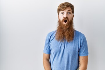 Sticker - Caucasian man with long beard standing over isolated background scared and amazed with open mouth for surprise, disbelief face