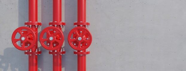 Wall Mural - Red pipe and valve on building wall. Industrial Fire fighting water pipeline. 3d render