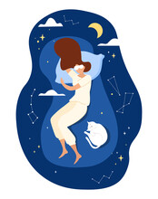Woman Sleeps In Comfort. Dreams And Rest, Recuperation. Comfortable Bed, Quality Furniture. Night Starry Sky And Different Constellations, Fantasy And Imagination. Cartoon Flat Vector Illustration