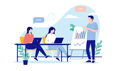 Aufkleber - Business course - Male teacher presenting graphs and charts to students. Flat design vector illustration with white background