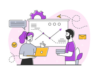 Poster - Concept of business team. Man girl next to charts. Analytical department chooses best solution for development of company. Marketing research, work with statistics. Cartoon flat vector illustration