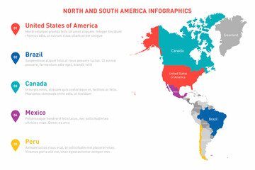 North and South America map infographic template. Vector map with American countries and borders. Business infographic template for data, analytics, economic statistic. America map template. Vector