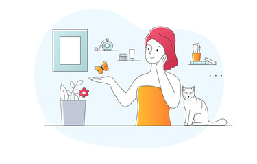 Wall Mural - Self love concept. Girl puts herself in order, pet next to hostess. Young woman in towel, character takes bath, beauty and hygiene, skin care, comfort and coziness. Cartoon flat vector illustration