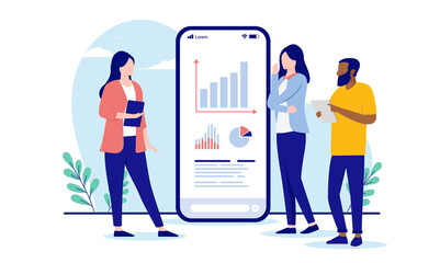 Leinwandbilder - People looking at charts and result - Man and women analysing charts and graphs together. Business results concept. Flat design vector illustration