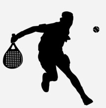 Padel Tennis Player Icon Illustration. Paddle Sport Vector Graphic Symbol Clip Art. Sketch Black Sign Young Man Is Padel Tennis Player Jump To The Ball Good Looking For Posts And Poster Video