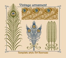 Vector Set Of Design Elements In Style Modern, Art Nouveau. Combinaisons Ornementales Alphonse Mucha