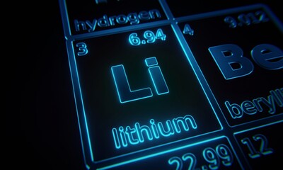 Fototapete - Focus on chemical element Lithium illuminated in periodic table of elements. 3D rendering