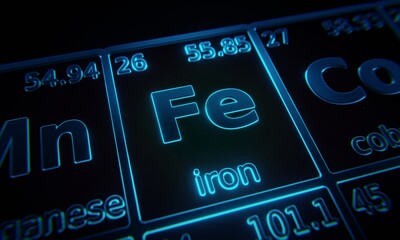 Fototapete - Focus on chemical element Iron illuminated in periodic table of elements. 3D rendering