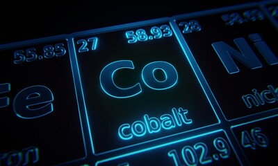 Fototapete - Focus on chemical element Cobalt illuminated in periodic table of elements. 3D rendering