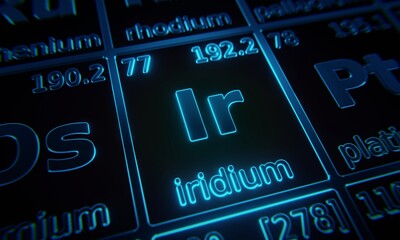 Fototapete - Focus on chemical element Iridium illuminated in periodic table of elements. 3D rendering