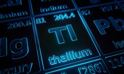 Wall Mural - Focus on chemical element Thallium illuminated in periodic table of elements. 3D rendering