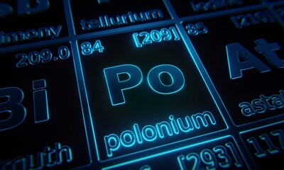 Fototapete - Focus on chemical element Polonium illuminated in periodic table of elements. 3D rendering