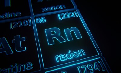Fototapete - Focus on chemical element Radon illuminated in periodic table of elements. 3D rendering
