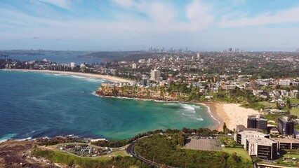 Poster - Freshwater head South Curl Curl sandy beach in Sydney- aerial panning 4k.
