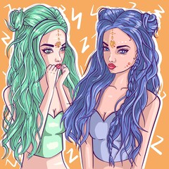 Conceptual art of two girls with blue and green hair and clothes representing an air sign. Gemini zodiac vector of two women's portrait.