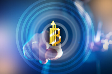 Poster - Bitcoin business. Cryptocurrency trading business. Investment in crypto. bitcoin business man reaches for camera. He presses B logo on virtual screen. Blurry investor hand in background.