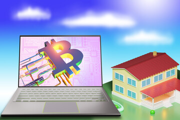 Poster - Bitcoin investment. Blockchain money trading. Bitcoin sign on computer screen. Investments in cryptocurrencies. Bitcoin trading technology. Laptop next to cartoon house. 3d rendering.