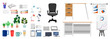 Home office elements and equipment's with chair table pc computer laptop and with some paper pile file folders presentation board pencil pen and plants