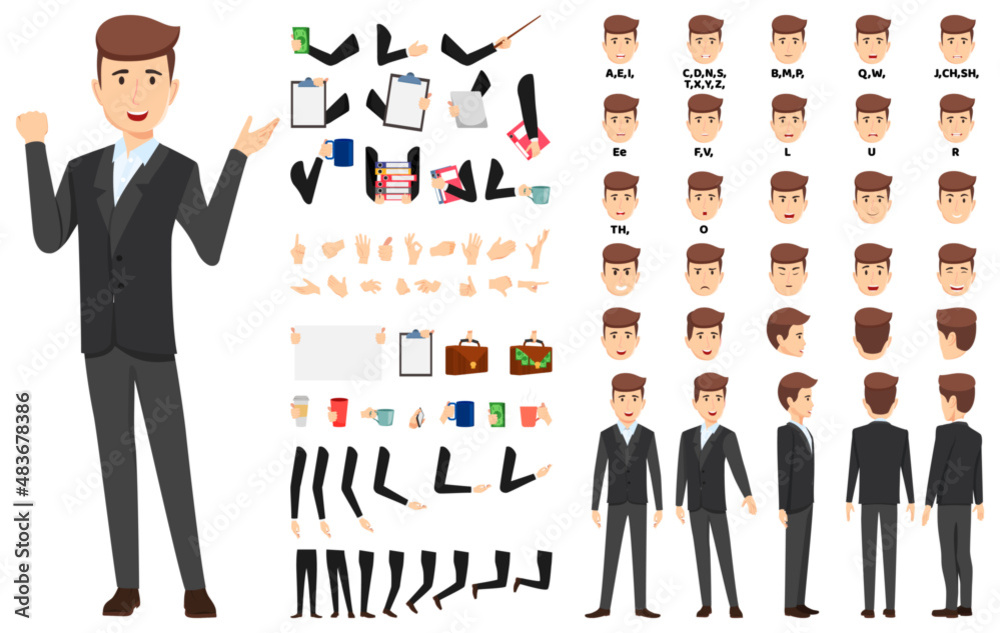 Business character set front, side, back view animated character ...