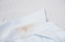 Dity Sweat Stain On Cloth From Living In Daily Life. Dirt For Cleaning Housework Concept.