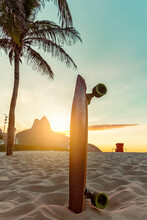 Skateboard And A Palm Tree On Ipanema Beach, Rio De Janeiro. Sunset Light Behind Famous Mountain