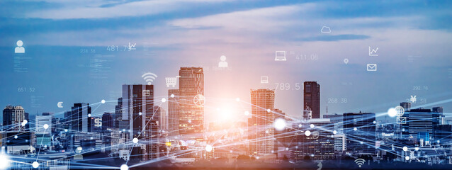 Poster - Smart city and communication network concept. 5G. LPWA (Low Power Wide Area). Wireless communication. Wide image for banner advertisement ets.