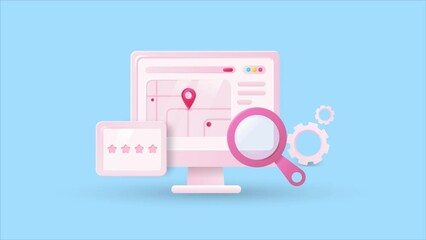 Wall Mural - Local seo, map and online shop rating. Digital marketing - small business listing with magnifying glass, 3d animation video clip.