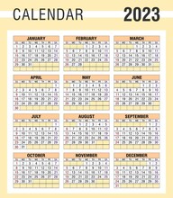 Calendar Template In Simple Style. The Calendar Grid Of 2023. The Week Starts On Sunday. Calendar Design. Vector Illustration. Quarterly Calendar, Planner