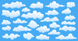 Fluffy clouds. Cartoon summer clouds cute game elements, comic white atmosphere clouds. Vector set