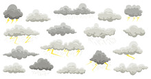 Rain Clouds. Summer And Autumn Rain With Thunder Cloud Elements. Vector Flat Rainstorm And Lightning Set