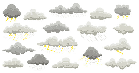 rain clouds. summer and autumn rain with thunder cloud elements. vector flat rainstorm and lightning