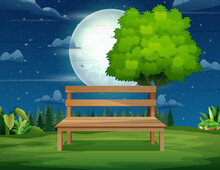 A Wooden Bench And Tree In The Night Landscape