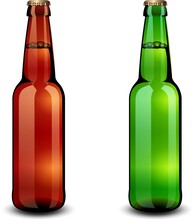 Brown And Green Glass Beer Bottles With Liquid Inside. Vector Illustration. Isolated