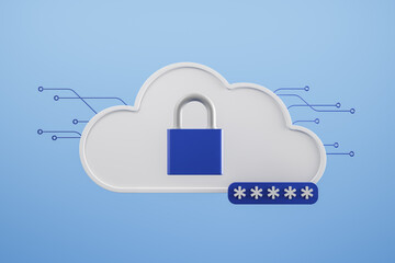 Poster - White cloud, padlock, blue background. Cloud storage and data protection. Safety cyber Security, and protection, privacy concept, minimalist. 3D rendering