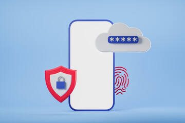 Poster - Mock up screen of smart phone, blue padlock inside red data protection shield, fingerprint as concept of authorization and authentication. Safety cyber security, data protection, privacy. 3D rendering