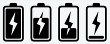 Battery Icons Set. Battery Charging Charge Indicator Icon. Level Indicate Energy. Battery Capacity Charge Icon. Flat Style Vector Battery Icon. Charge From High To Low