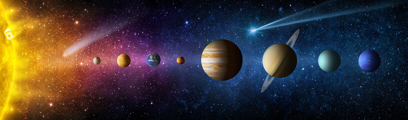 sun, mercury, venus, planet earth, mars, jupiter, saturn, uranus, neptune. , galaxies, stars, comet,
