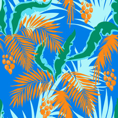  Tropical vector pattern with  palm leaves. Exotic style. Seamless botanical print for textile, print, fabric on color background