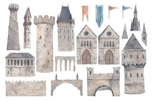 Fairytale Castle Constructor. Clip Art With Towers, Flags, Roofs, Gates. Architecture Elements Isolated On White