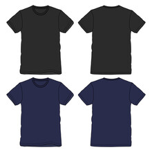 Black And Navy Color Short Sleeve Basic T Shirt Overall Technical Fashion Flat Sketch Vector Illustration Template Front And Back Views. Apparel Clothing Mock Up For Men's And Boys.
