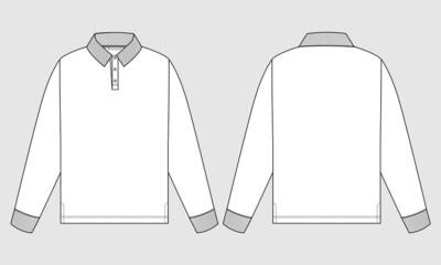 Long sleeve Polo shirt with pocket technical fashion flat sketch vector illustration template front and back views.
