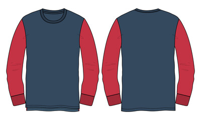Two tone blue and Red color long sleeve T shirt Technical fashion flat sketch vector illustration template front and back views isolated on white background. Apparel clothing Design mock up Cad.