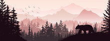 Horizontal Banner. Silhouette Of Bear Standing On Grass Hill. Mountains And Forest In The Background. Magical Misty Landscape, Trees, Animal. Pink And Violet Illustration, Bookmark. 