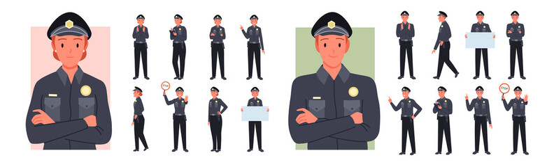 police man and woman, guard poses set vector illustration. cartoon young people in cop uniform worki